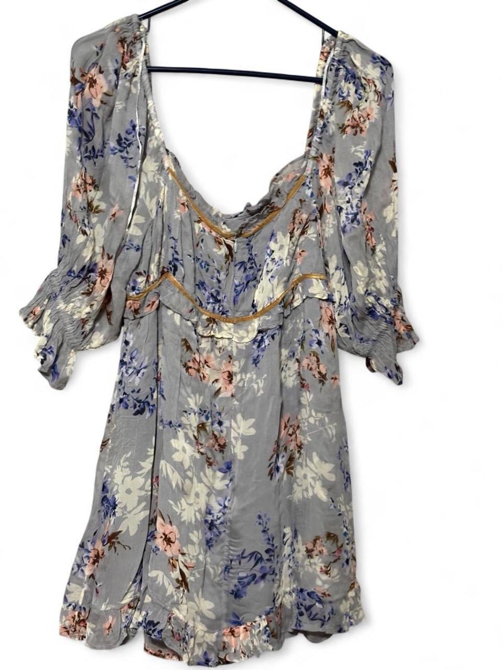 Free People Gray Floral Scoop-Neck Tunic with Puff Sleeves